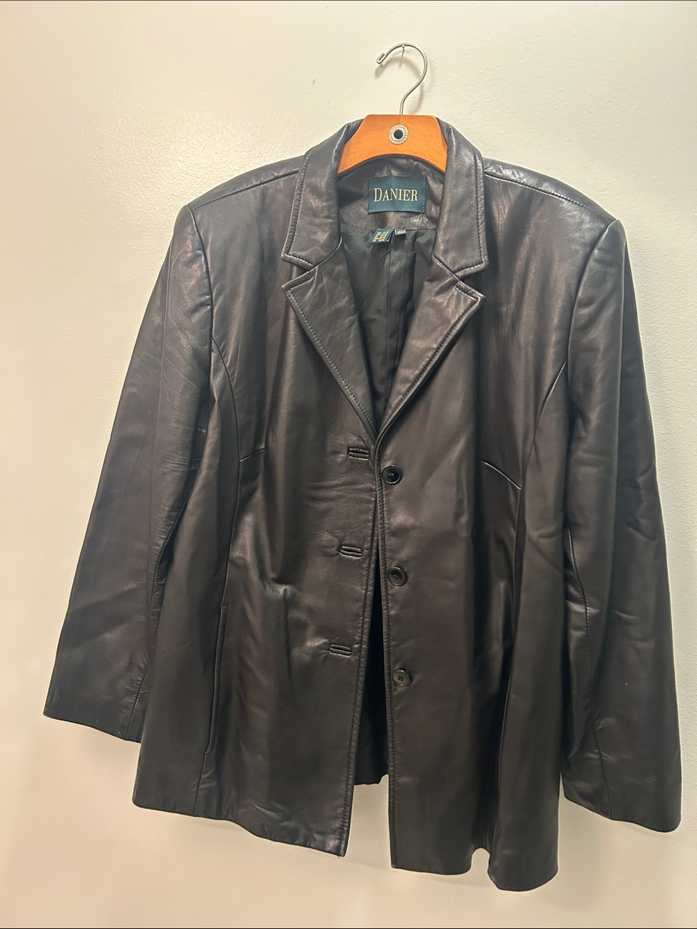 Vintage Denier Black Leather Blazer Jacket - Classic Notch Lapel